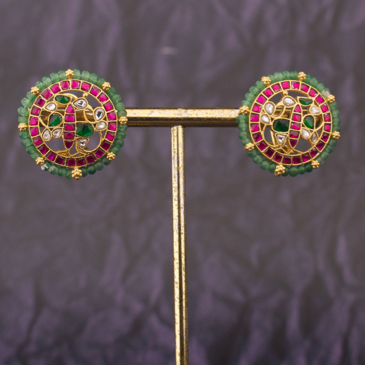Heritage Jadau Kundan Stud Earrings With Mandala Design And Emerald Green Bead Border - Alternate View 1