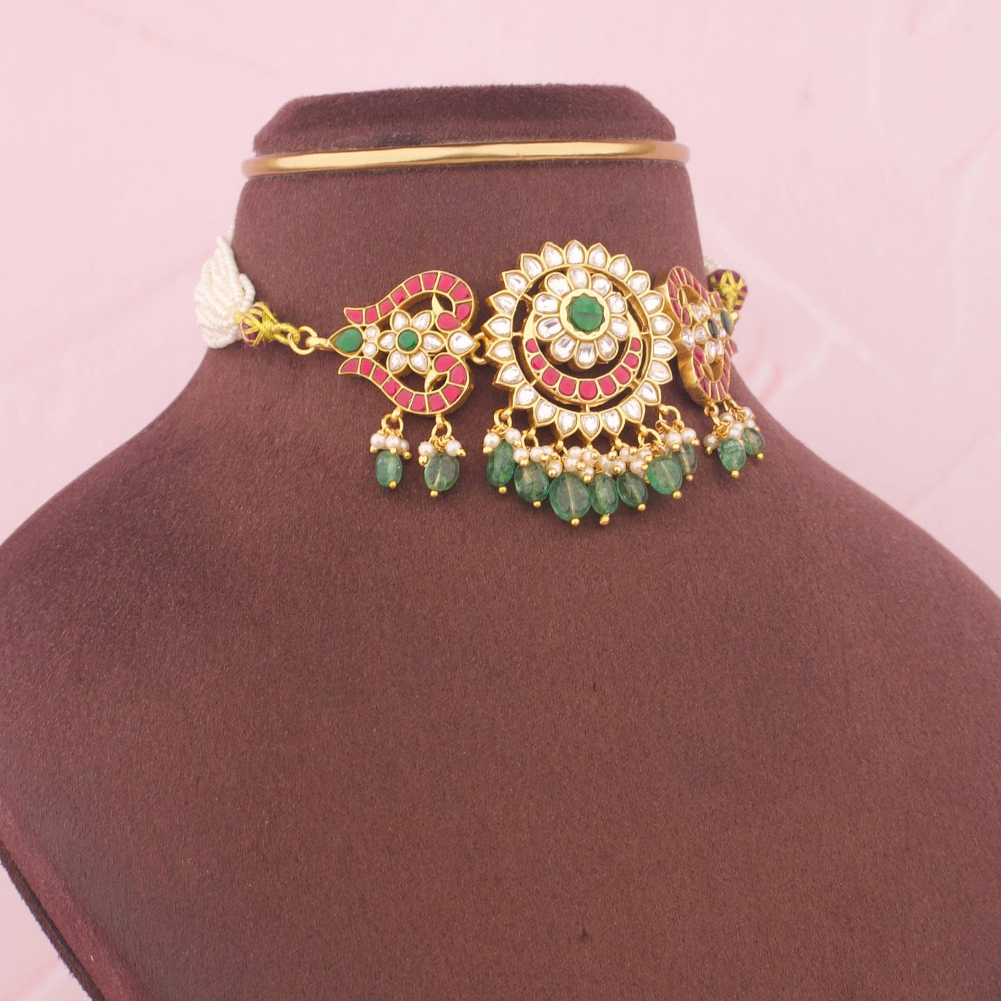 Designer Jadau Kundan Choker With Green Hangings