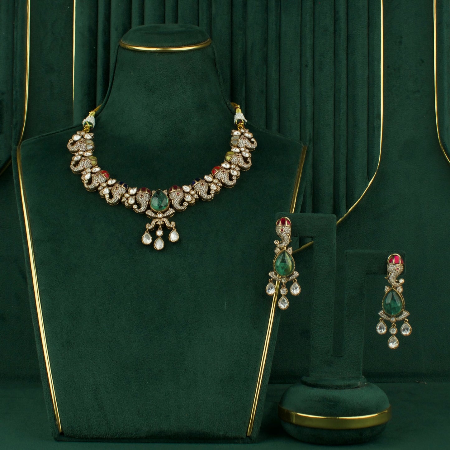 Polki Stones Navratna Necklace With Earrings