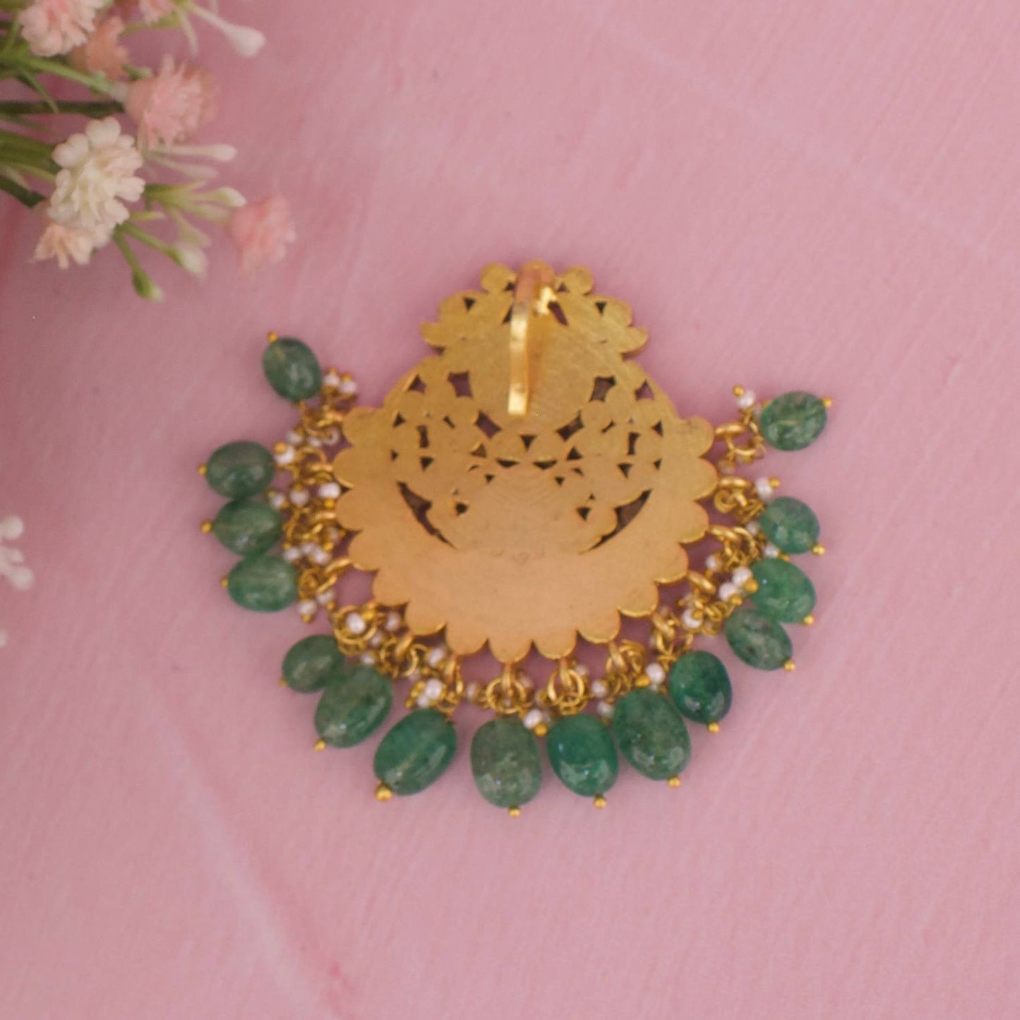 Grand Jadau Kundan Chand Shaped Pendant With Green Beads Hangings