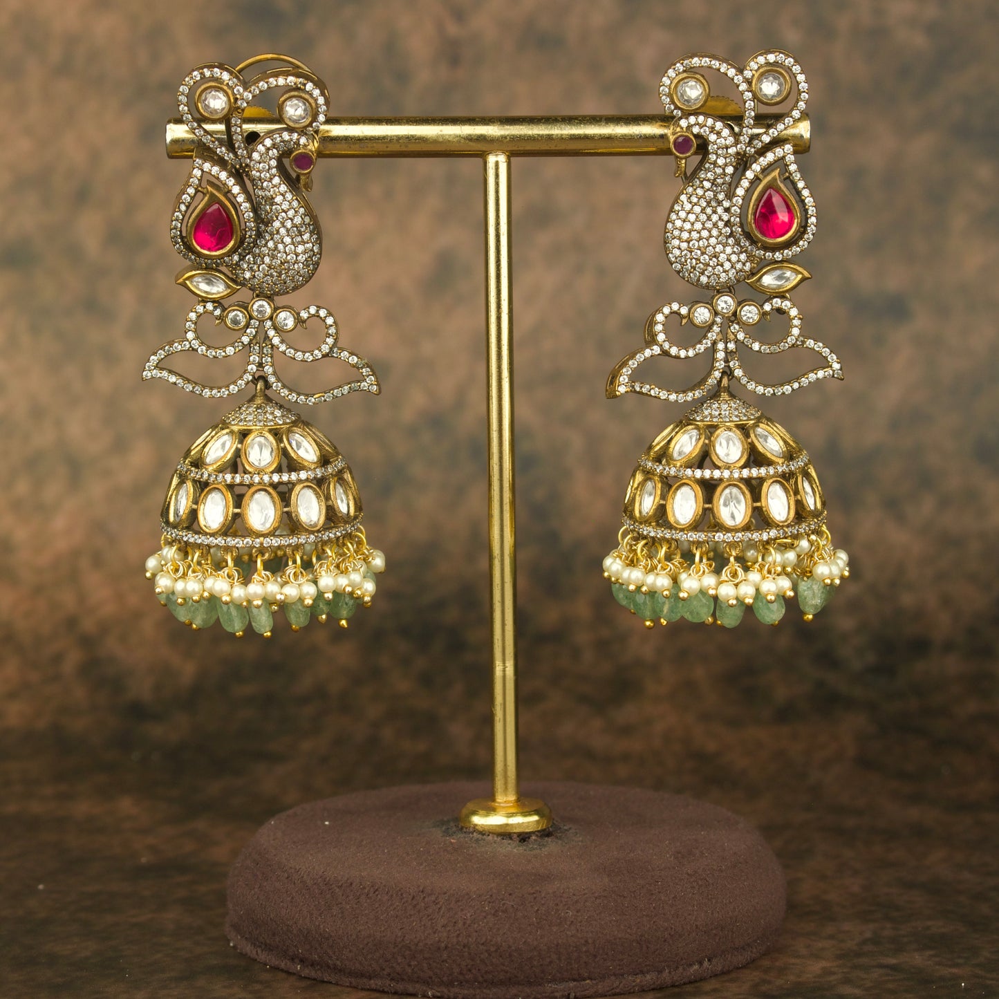 Victorian Peacock Jhumka with kundan polki stones