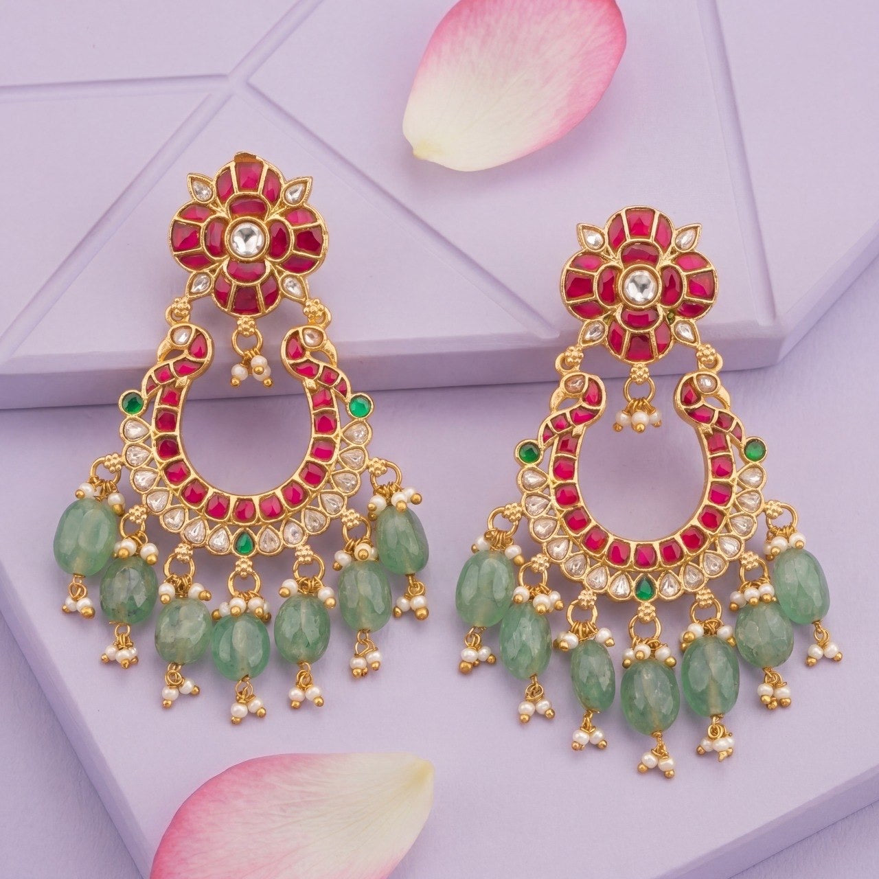 Floral Studded Jadau Kundan Chandbali Earrings With Beads Hangings