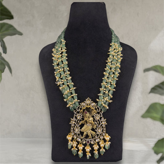 Layered Victorian Pendant Set with Pearls & Jhumka with Temple motif. This Victorian Jewellery is available in a Green colour variant. 