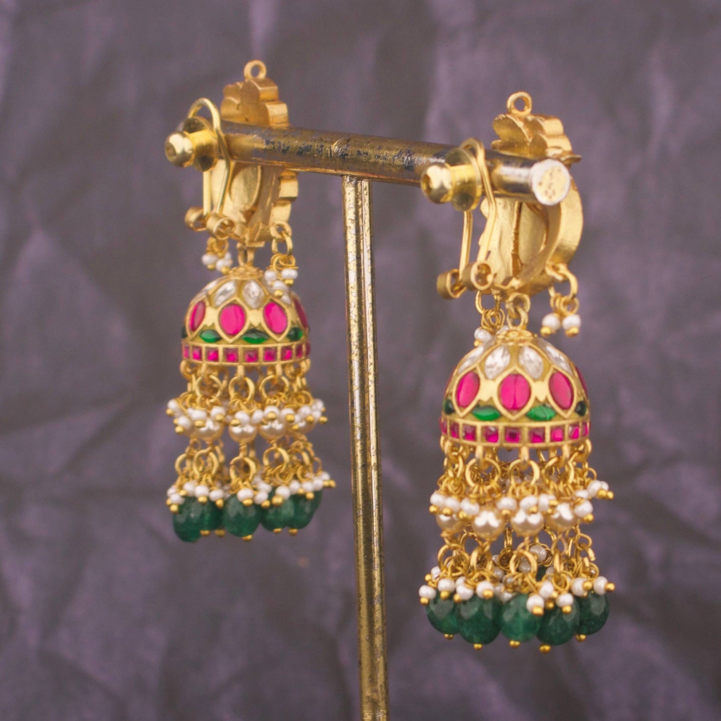 Designer Jadau Kundan Jhumka Earrings With Green Drops