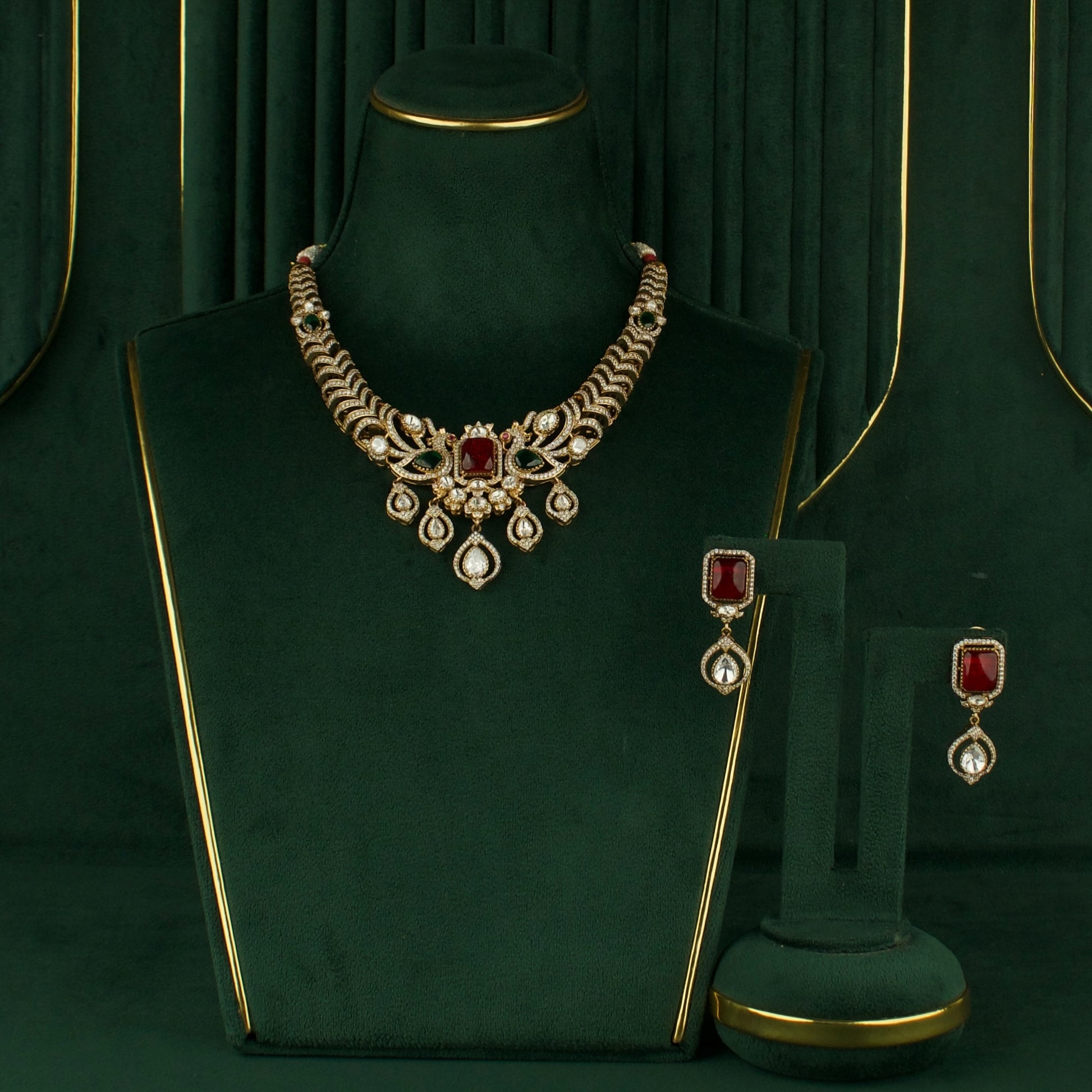Deluxe Peacock Design Fusion Kundan & Polki Victorian Necklace Set