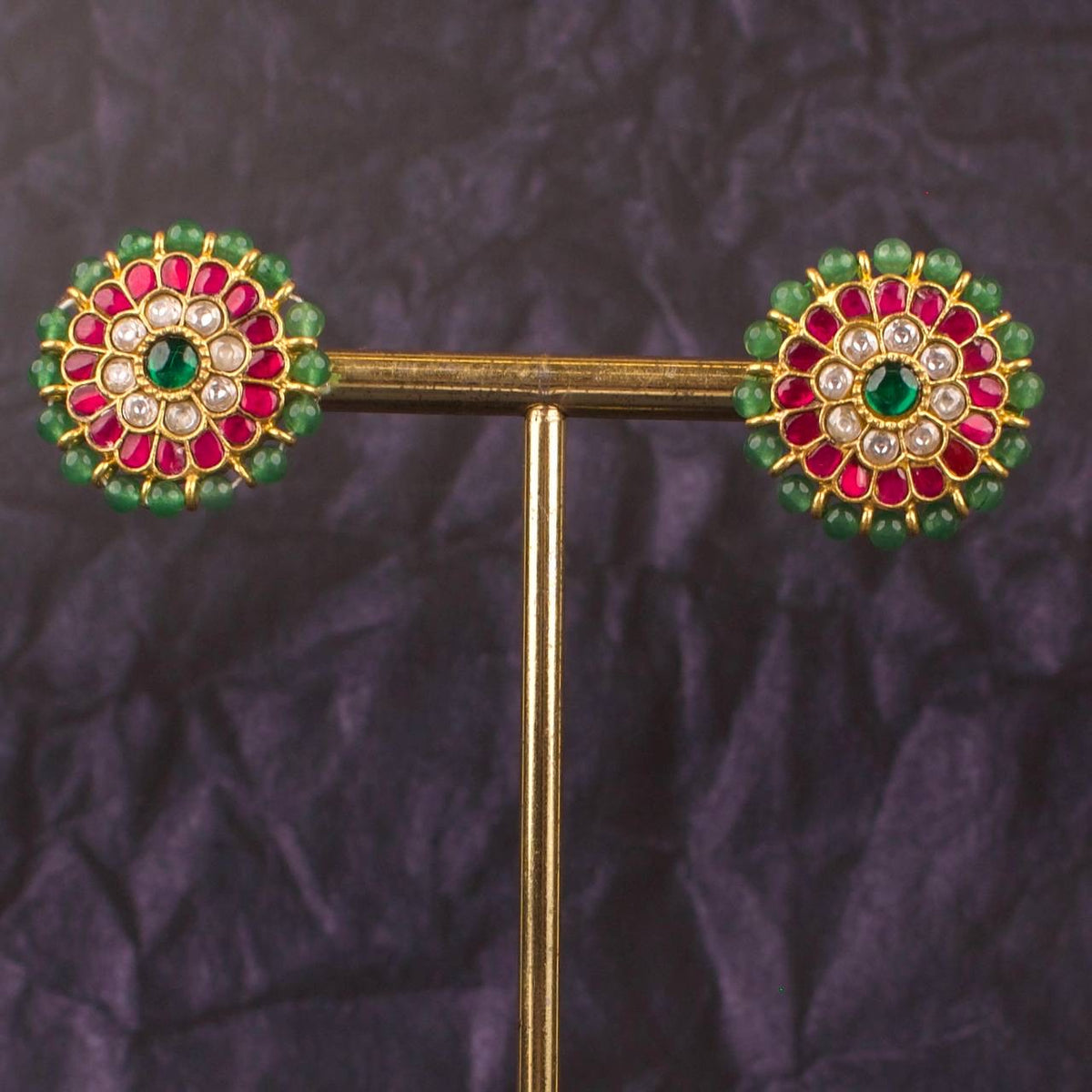 Multi Coloured Jadau Kundan Studs Earrings With Beads Bordering