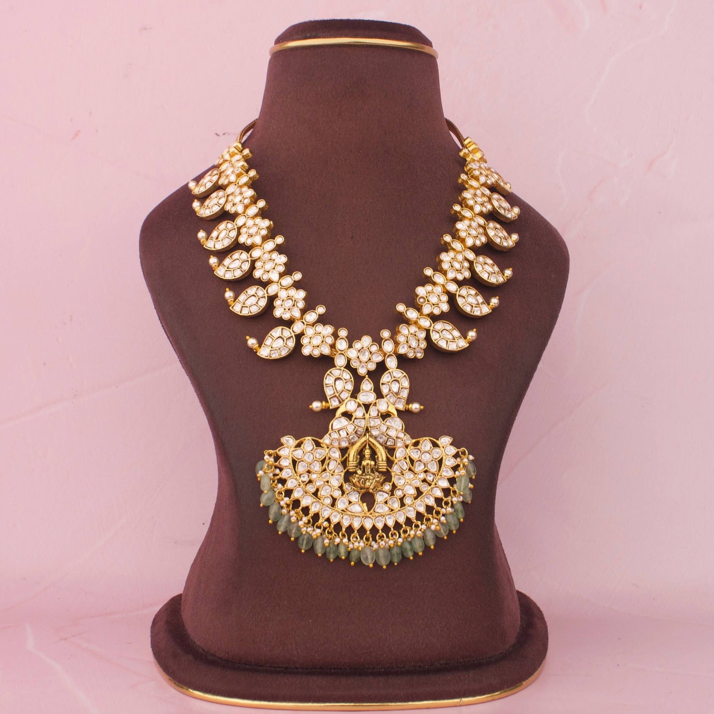 South Indian Mossanite Mango Necklace Set with Green Drops