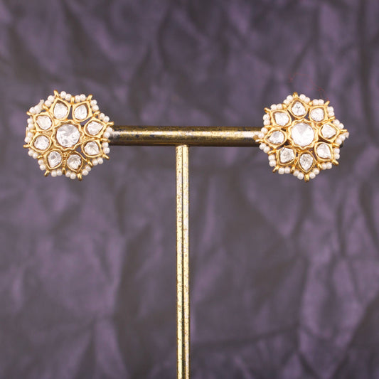 Classic Jadau Kundan Stud Earrings With Pearl Border