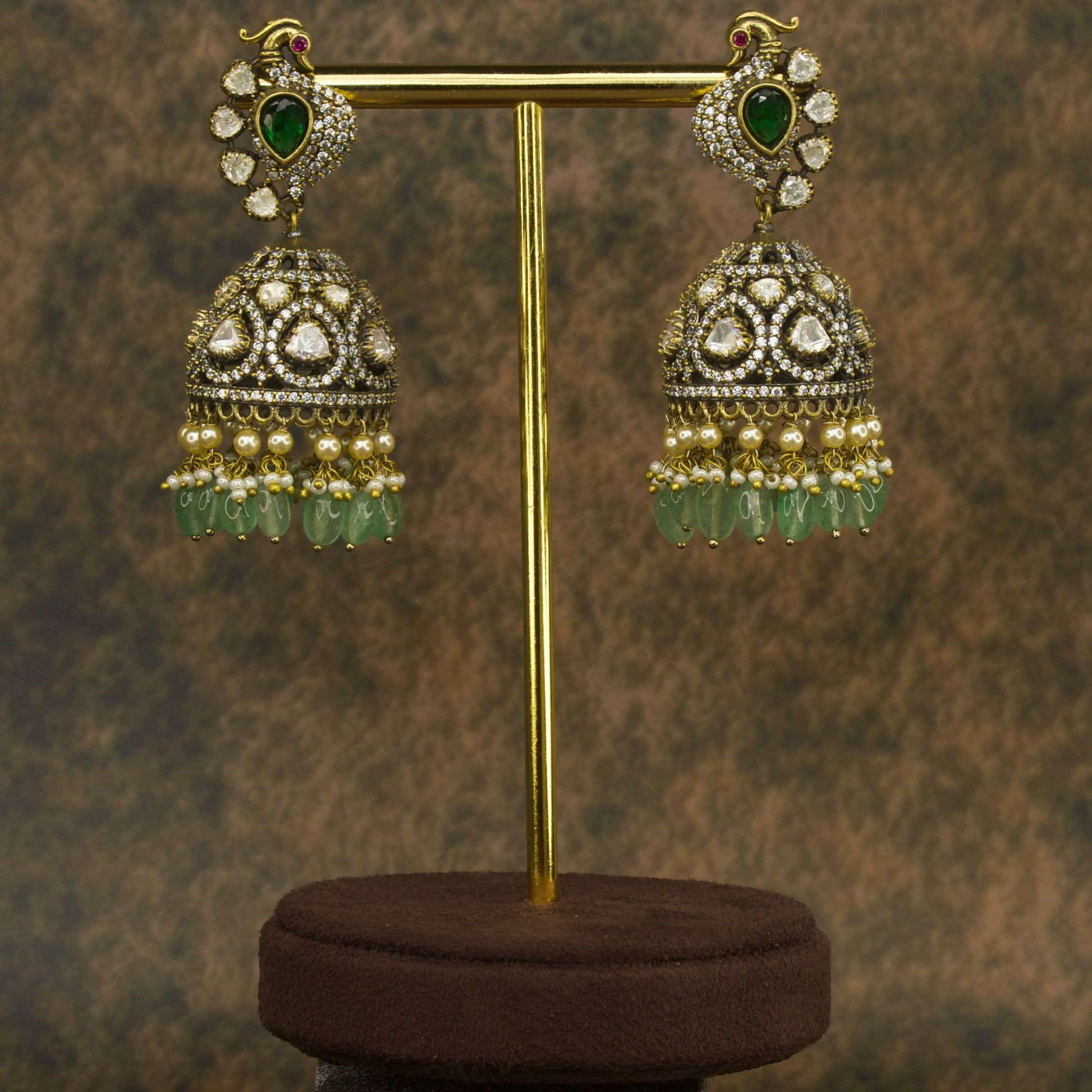 Peacock Studded Victorian Finish Polki Jhumka Earrings