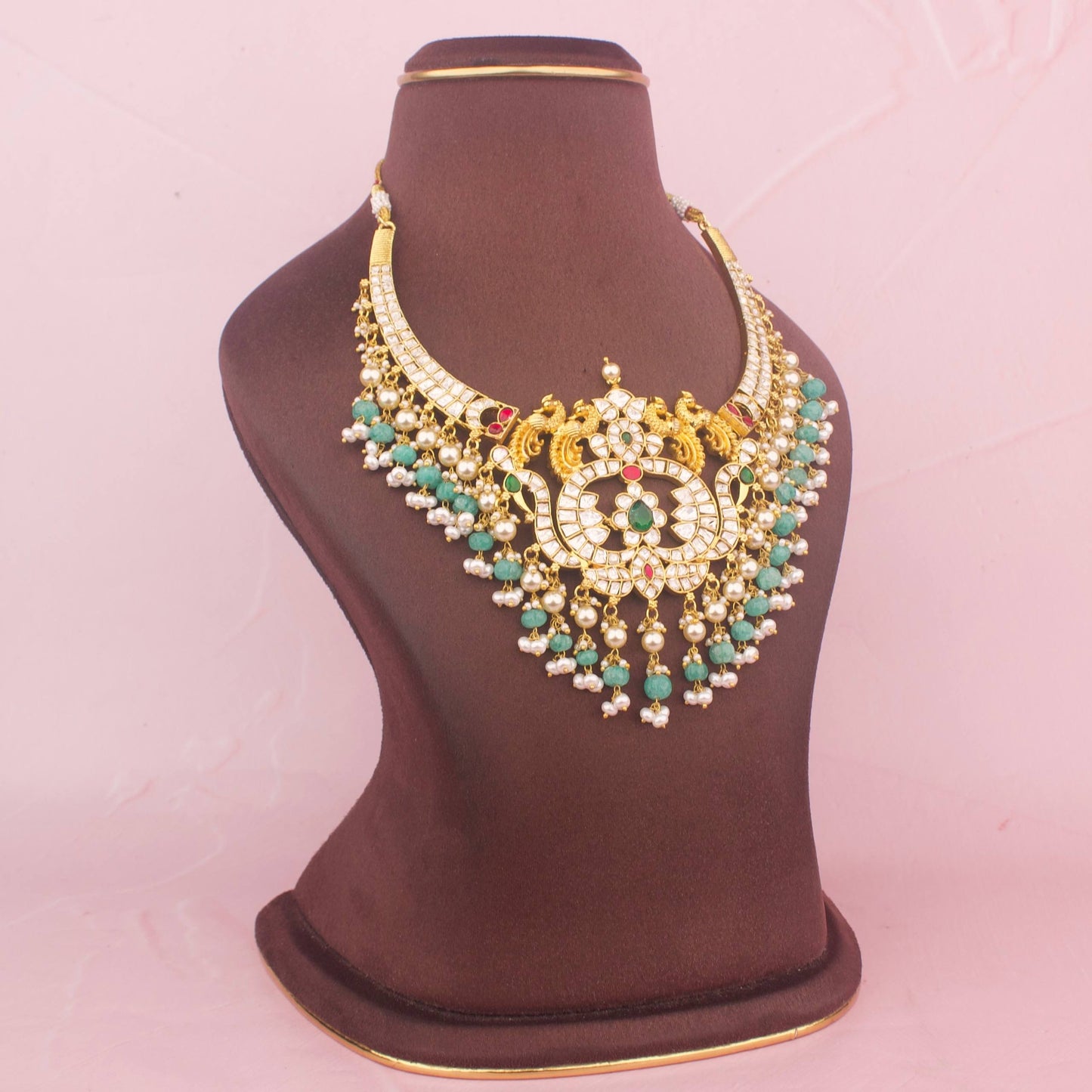 Close-Up Detail View of Grand Moissanite Polki Necklace With Pearl & Beads Hanging | Dulhan Jewels