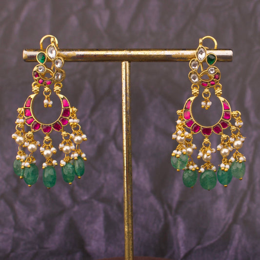 Radiant Jadau Kundan Chandbali Earrings With Double Step Hangings