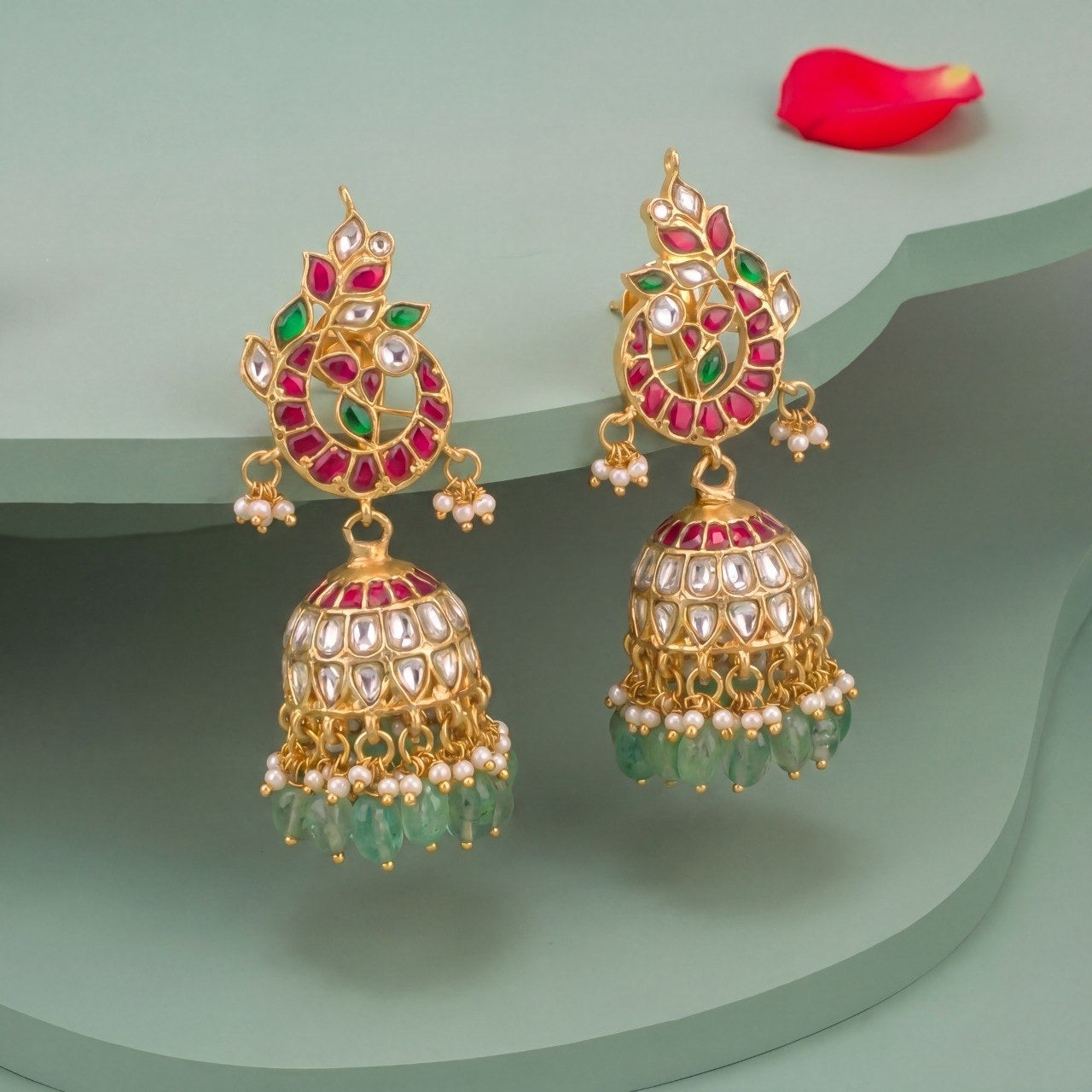 Intricate Design Jadau Kundan Jhumki with Green Beads
