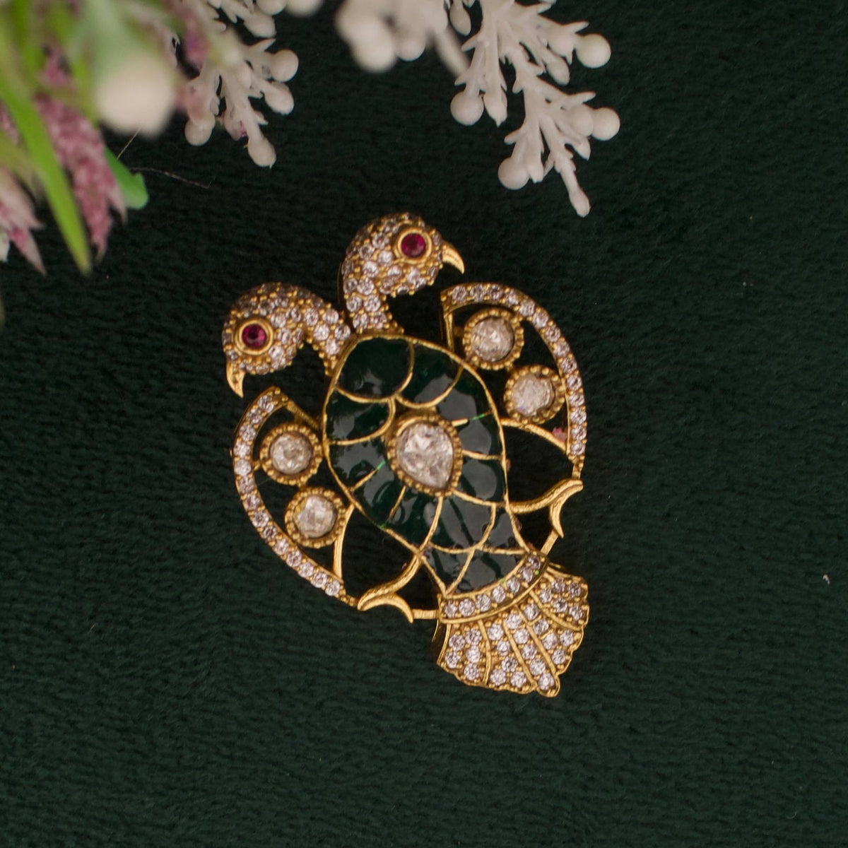 Victorian Polki Emerald Pendant Set with Earrings Styling Angle View 4 - Dulhan Jewels