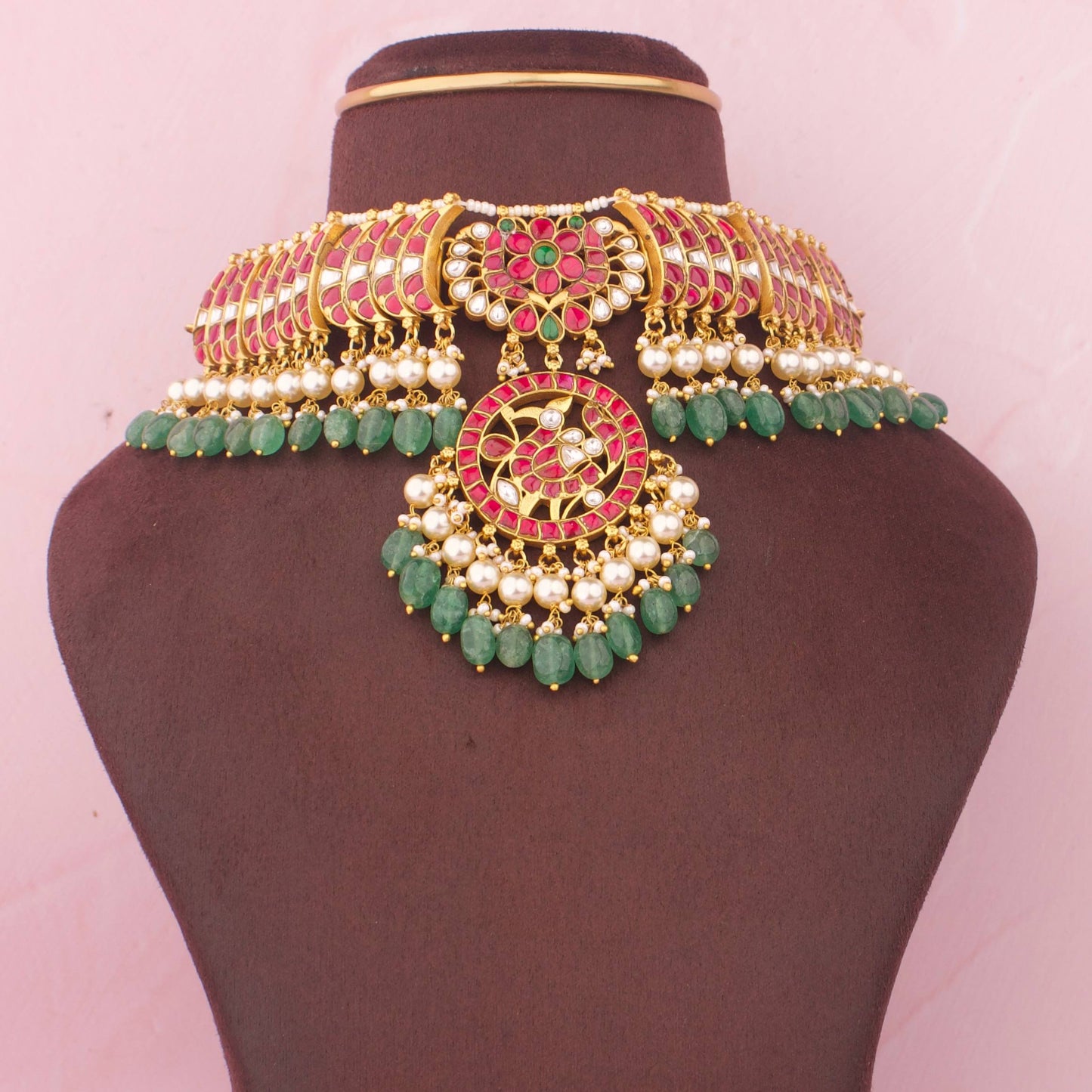 Royal Jadau Kundan Choker Necklace With Pearl Drops And Green Emerald Hangings