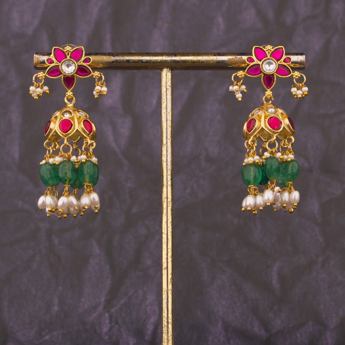 Phool Design Jadau Kundan Jhumka Earrings - Handcrafted Indian Bridal Jewelry by Dulhan Jewels