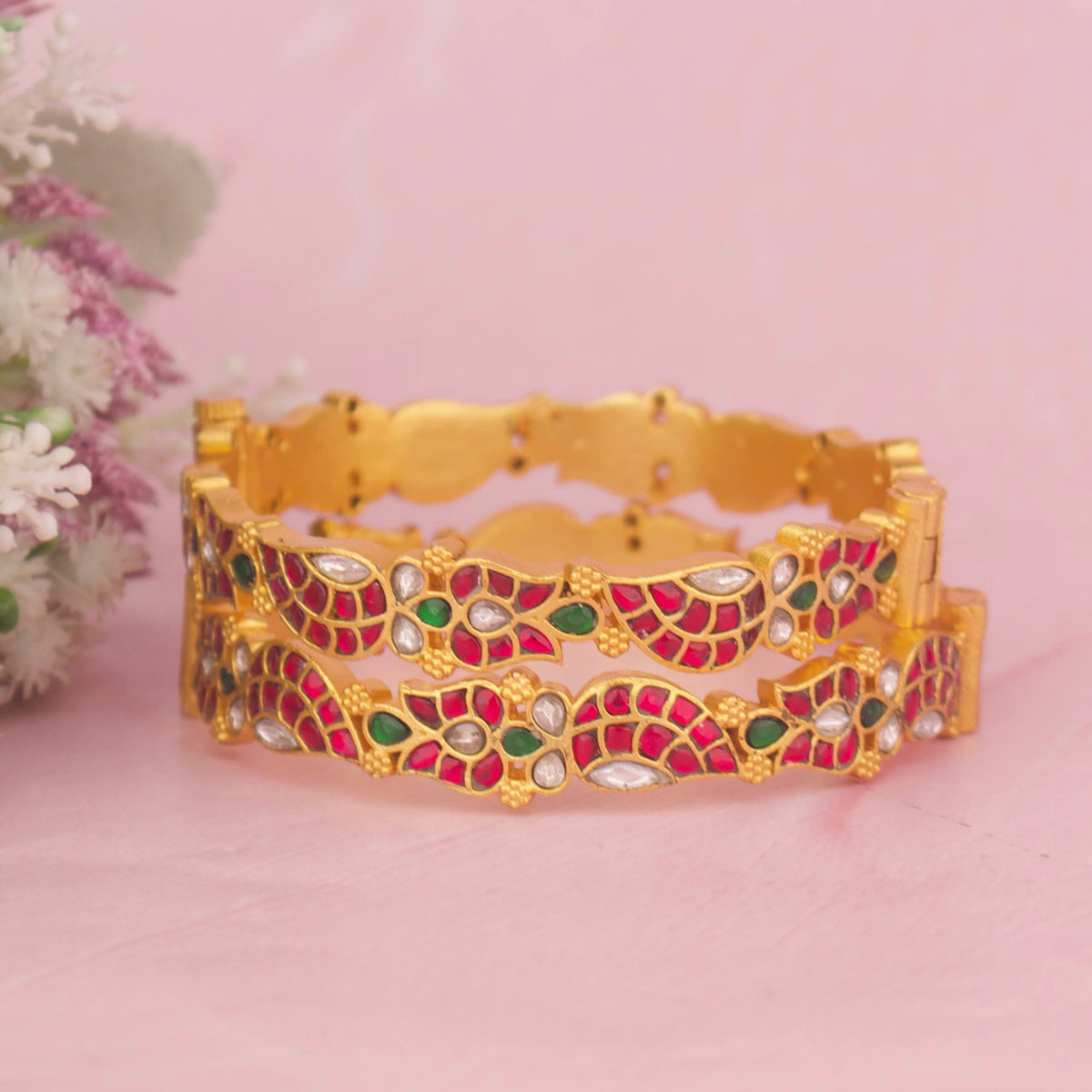 Elegant Gold Style Jadau Kundan Bangles Craftsmanship & Detail View - Dulhan Jewels
