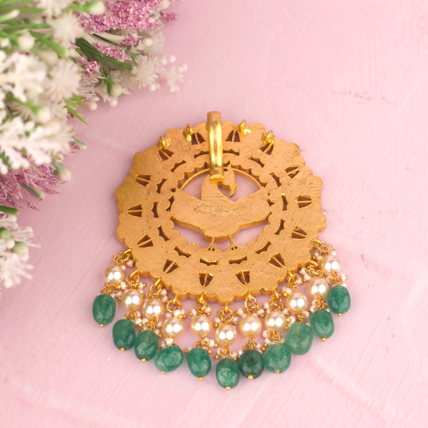 Peacock Jadau Kundan Pendant With Pearls And Emerald Beads