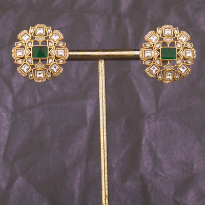 Unique Jadau Kundan Stud Earrings With Emerald Center