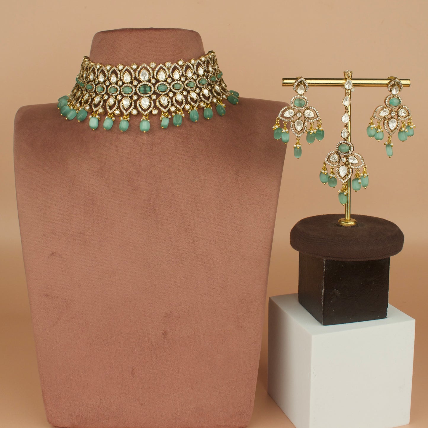 Royal Victorian Polki Choker Necklace Set with Maangtika