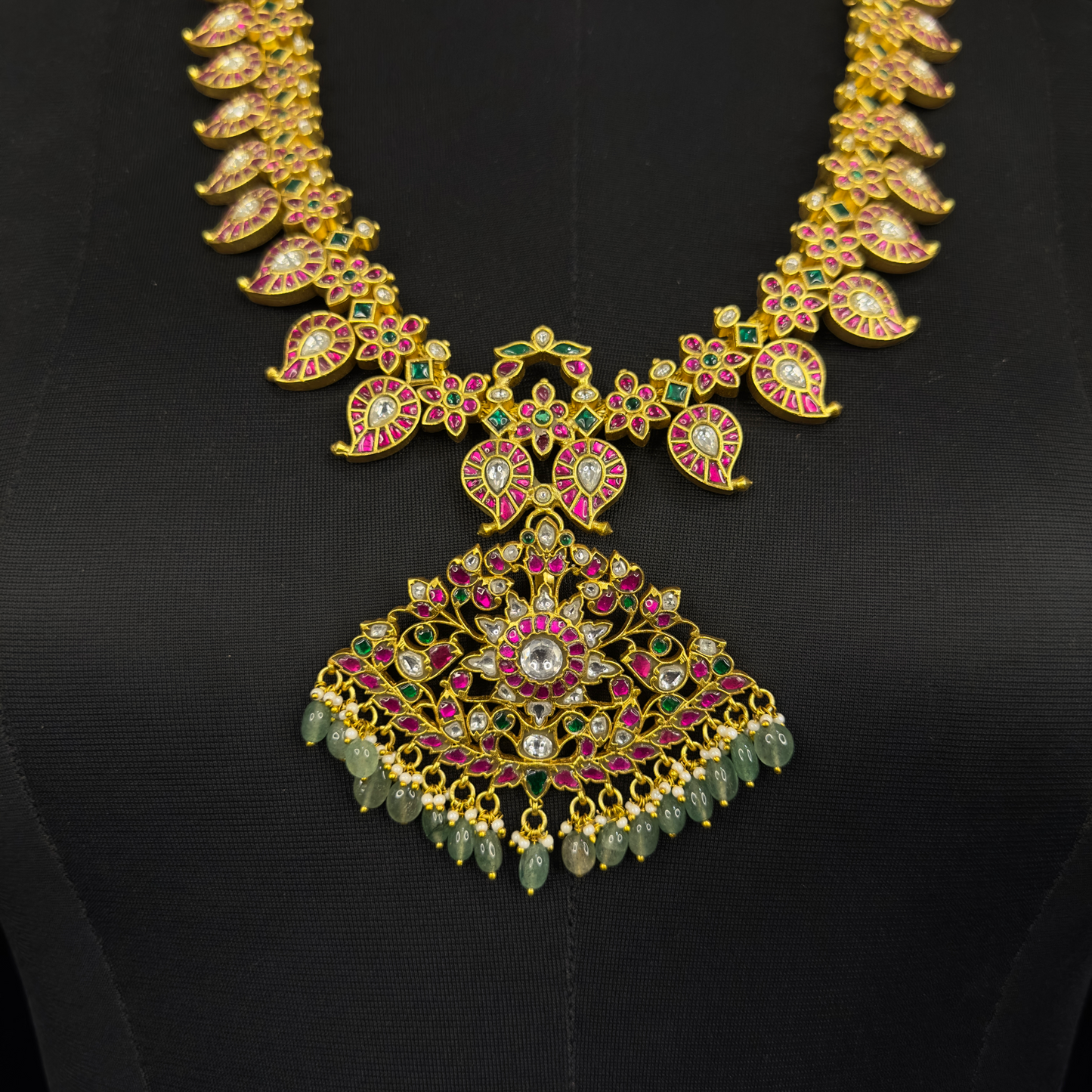 Traditional Real Gold Look Jadau Kundan Mango Necklace with Pendant