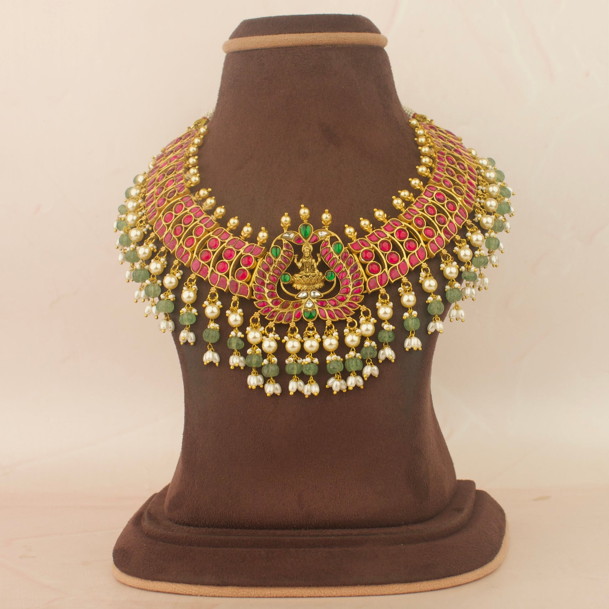 Exclusive Lakshmi Devi Design Jadua Kundan Necklace With Pearl & pumpkin Bead Hanging