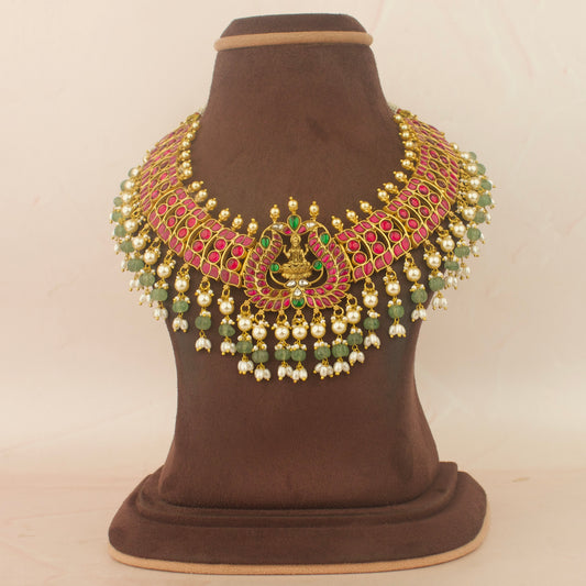 Exclusive Lakshmi Devi Design Jadua Kundan Necklace With Pearl & pumpkin Bead Hanging