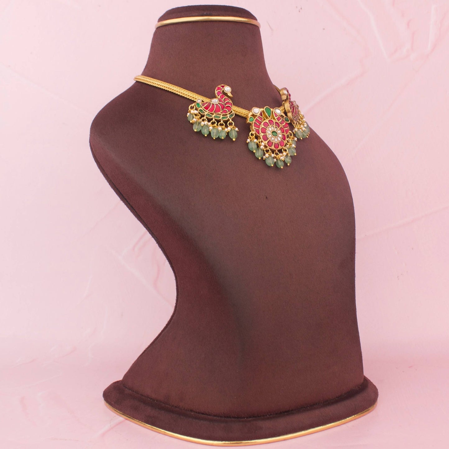 Peacock Design Nantad Chain Necklace With Ruby Stones And Green Beads