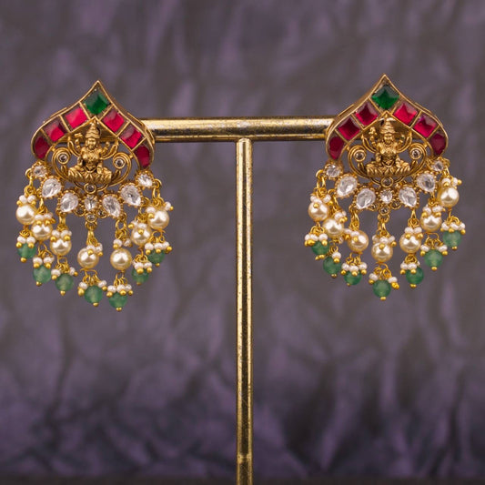 South Indian Lakshmi Devi Jadau Kundan Stud Earrings With Beads Hangings