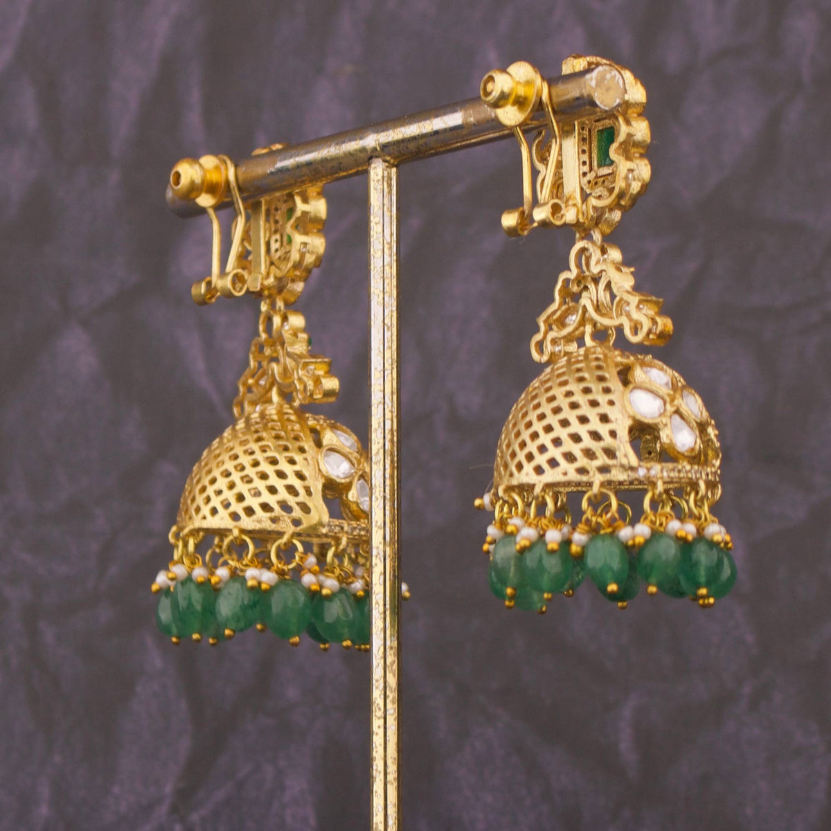 Unique Moissanite Polki Jhumki Earrings With Strawberry Beads Craftsmanship & Detail View - Dulhan Jewels