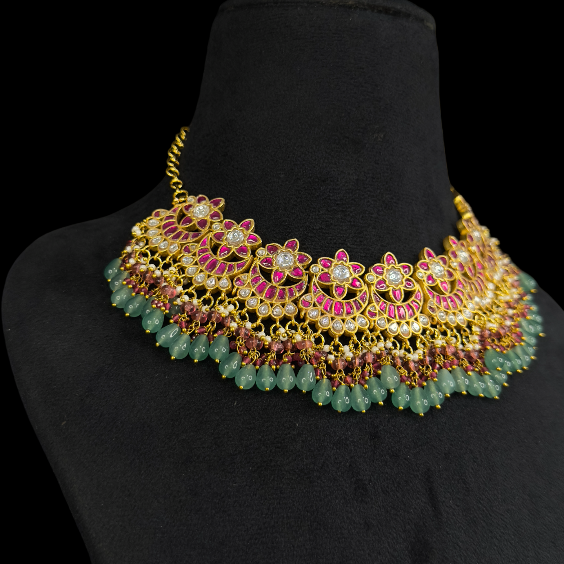 Serene Lotus Influnced Jadau Kundan Necklace With Pearls & Beads with 22k gold plating This product belongs to jadau kundan jewellery category