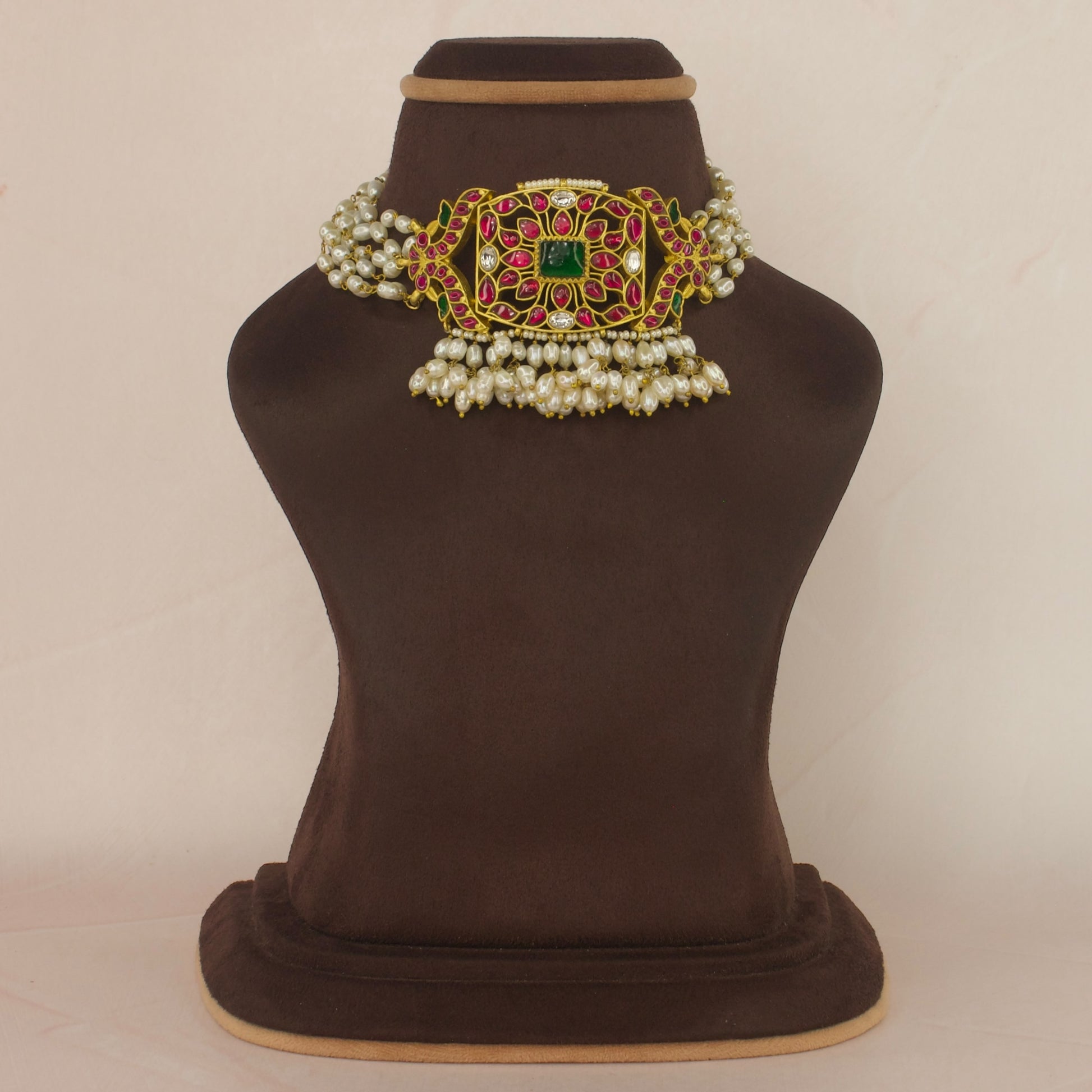 Traditional Jadau Kundan Choker Necklace with rice pearls with 22k Gold plating 