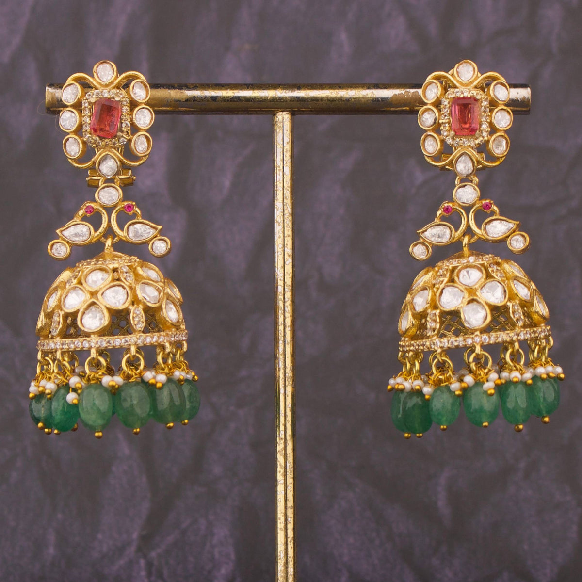 Radiant Moissanite Polki Jhumki Earrings With Strawberry Beads - Handcrafted Indian Bridal Jewelry by Dulhan Jewels