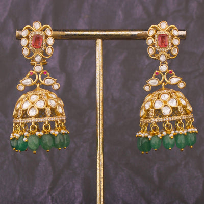 Radiant Moissanite Polki Jhumki Earrings With Strawberry Beads - Handcrafted Indian Bridal Jewelry by Dulhan Jewels
