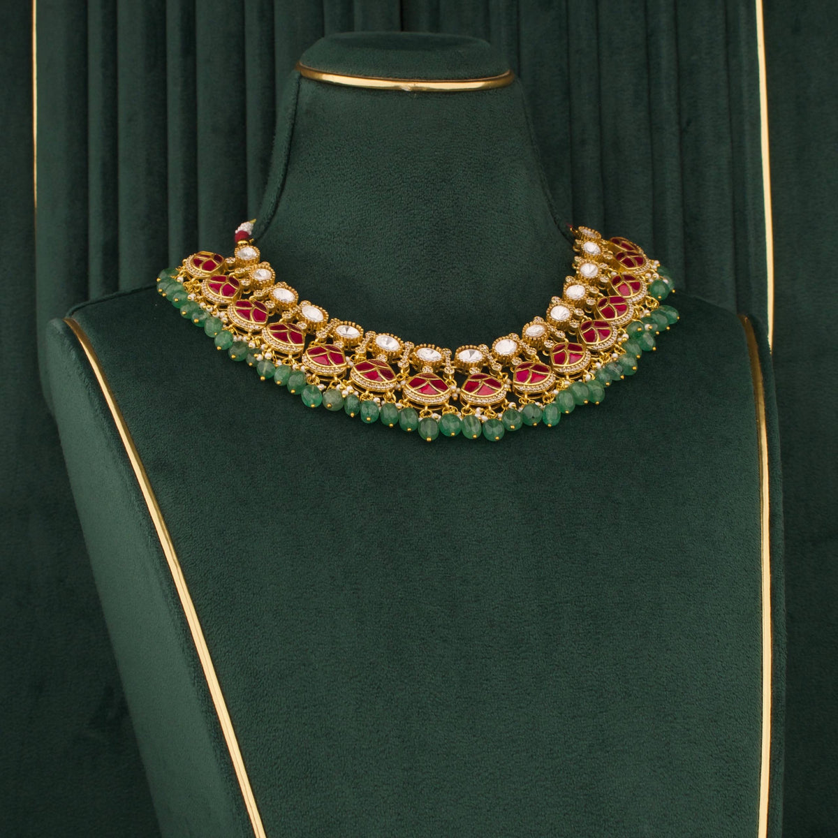 Ruby Victorian Polki Necklace Set with Matching Earrings Close-up Design & Gemstone Detailing - Dulhan Jewels