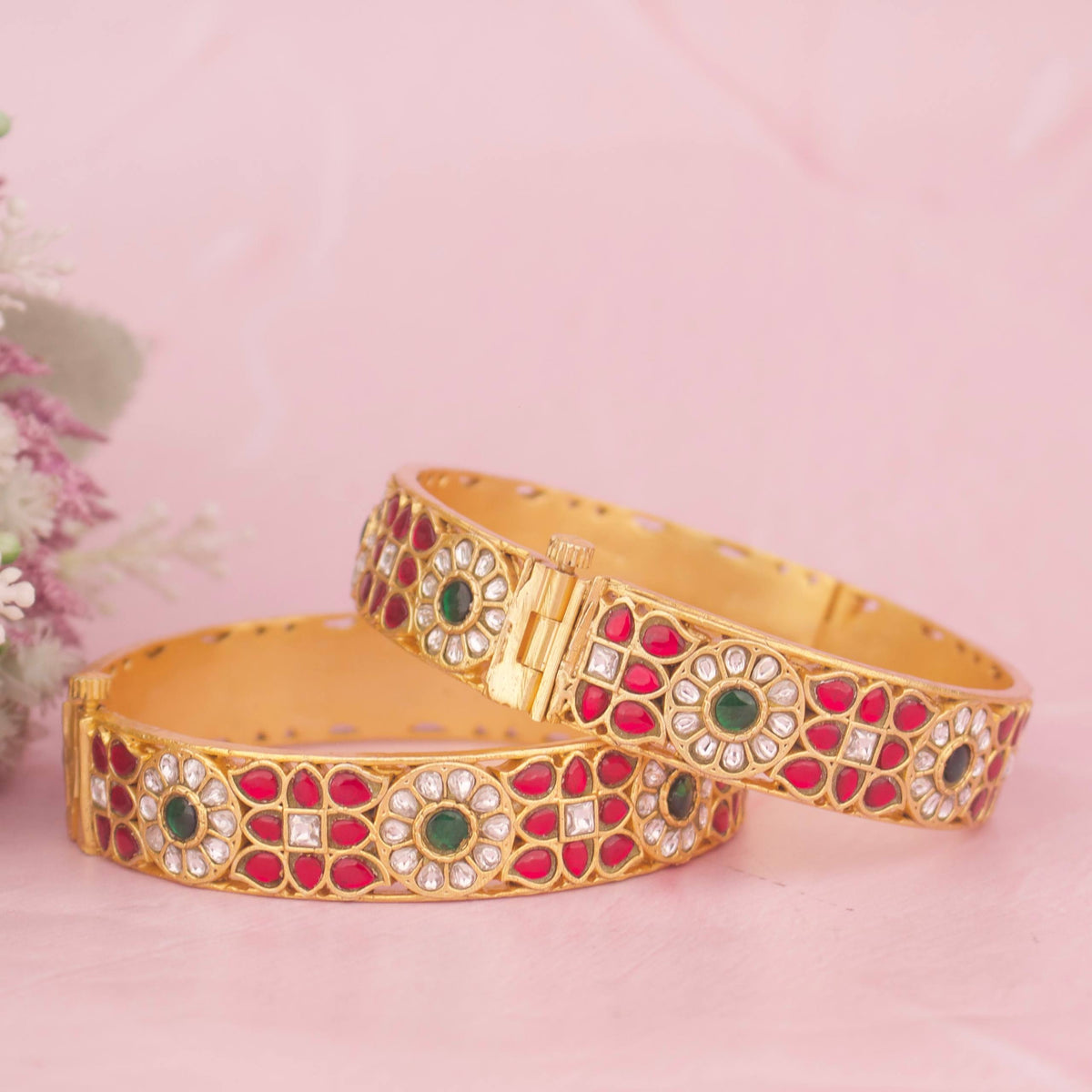 Gold Style Jadau Kundan Bangles With Floral Design - Handcrafted Indian Bridal Jewelry by Dulhan Jewels