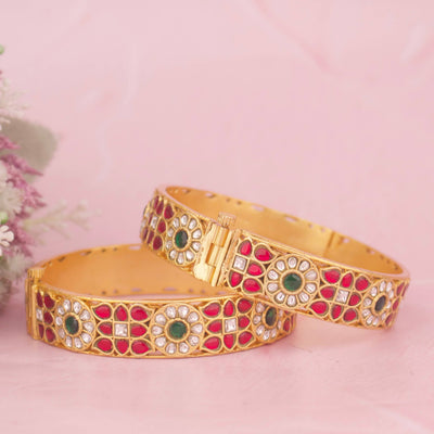 Gold Style Jadau Kundan Bangles With Floral Design - Handcrafted Indian Bridal Jewelry by Dulhan Jewels