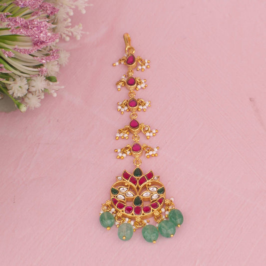Long Drop Jadau Kundan Maang Tikka With Green Beads And Pearl Drops
