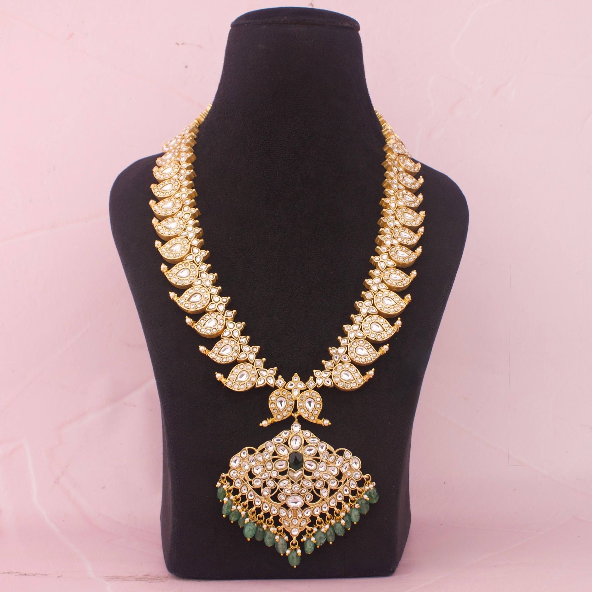 Traditional Jadau Kundan Reversible Mango Haram With Emerald Beads - Alternate View 2