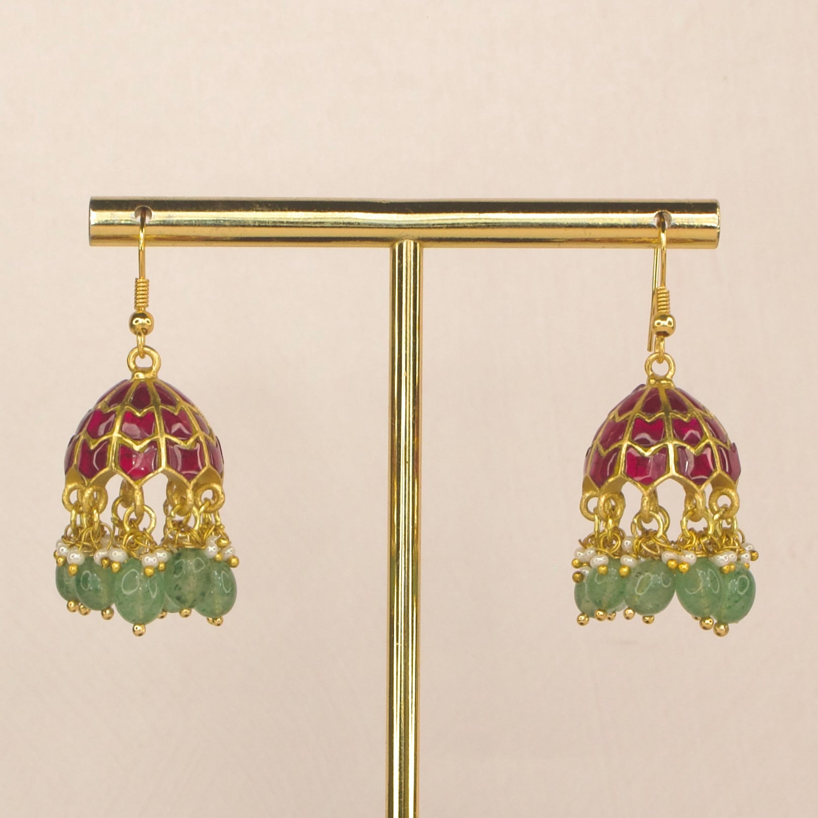 Enchanting Ruby Jadau Kundan Jhumka Earrings with Green beads with 22k gold plating