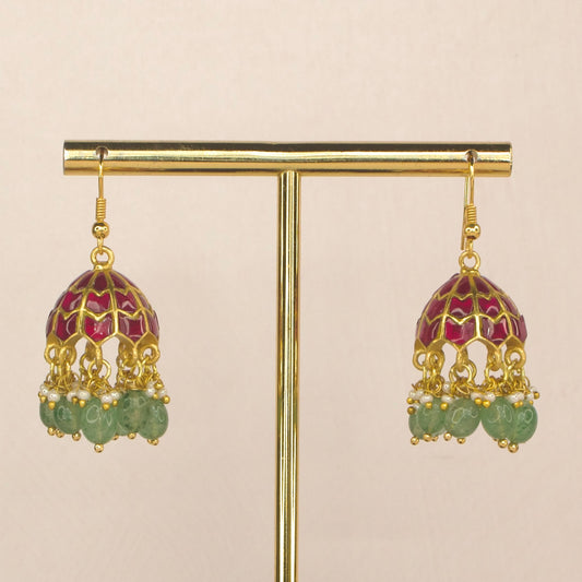 Enchanting Ruby Jadau Kundan Jhumka Earrings with Green beads with 22k gold plating