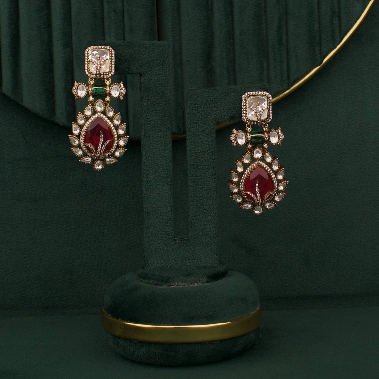 Bridal Emerald Polki Long Necklace Set With Earrings