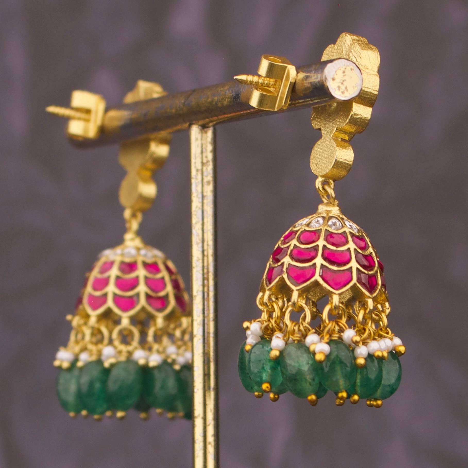 Close-up detailing of Ethnic Jadau Kundan Jhumki Earrings With Emerald Beads imitation jewellery