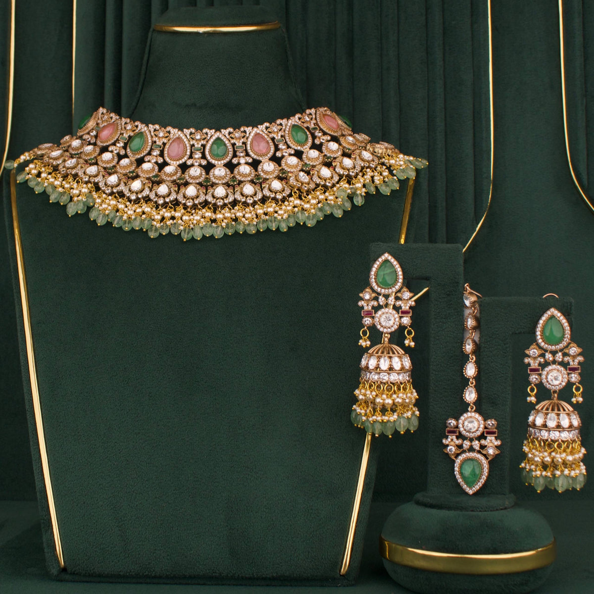 Handcrafted detail view of Moissanite Victorian Choker Set with maang tikka & earrings jewelry piece