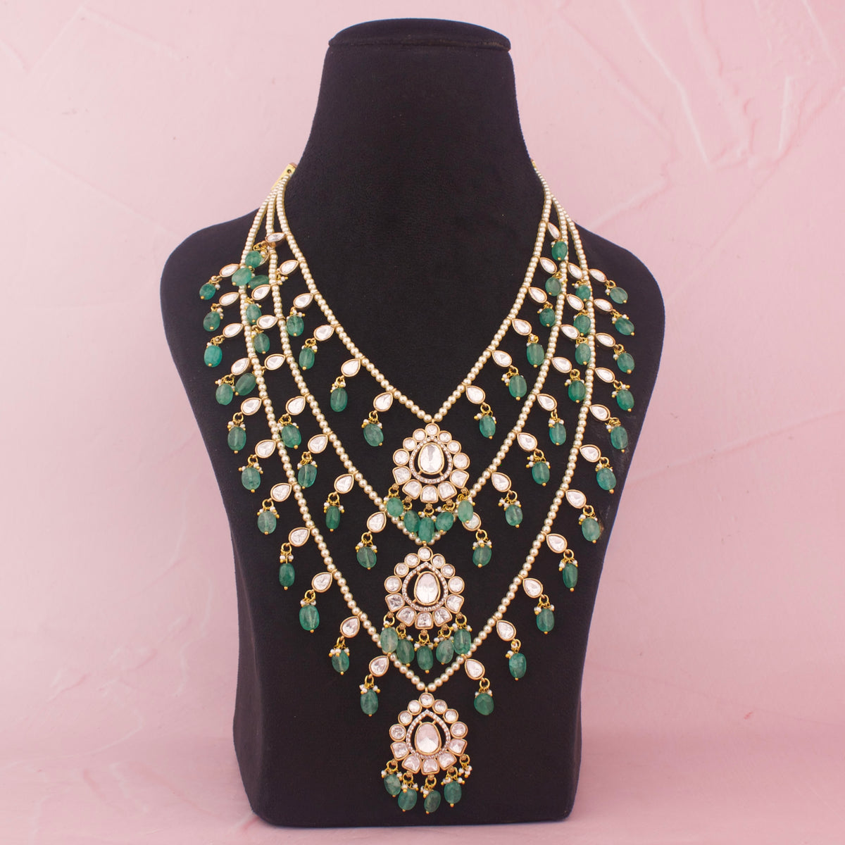 Designer Multi-Layered Haram Necklace Set With Green Bead Drops