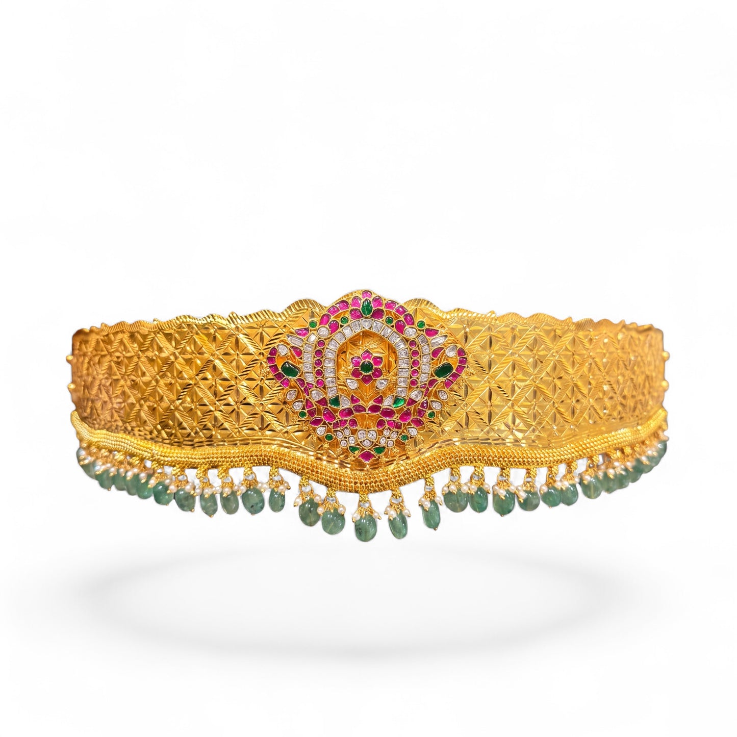 Traditional Jadau Kundan Hip Belt With Emerald Drops