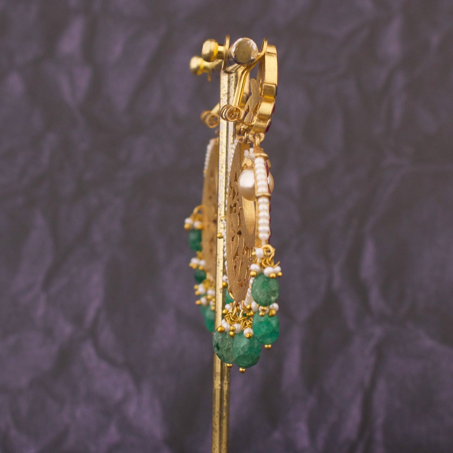 Graceful Jadau Kundan Chandbali Earrings With Bead Hangings