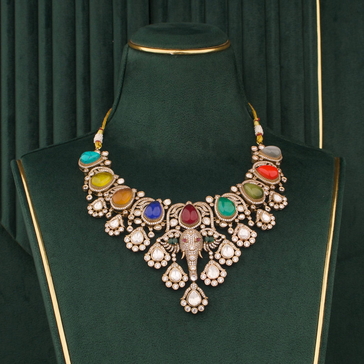 Navratan Victorian Polki Necklace Set With Matching Earrings Craftsmanship & Detail View - Dulhan Jewels