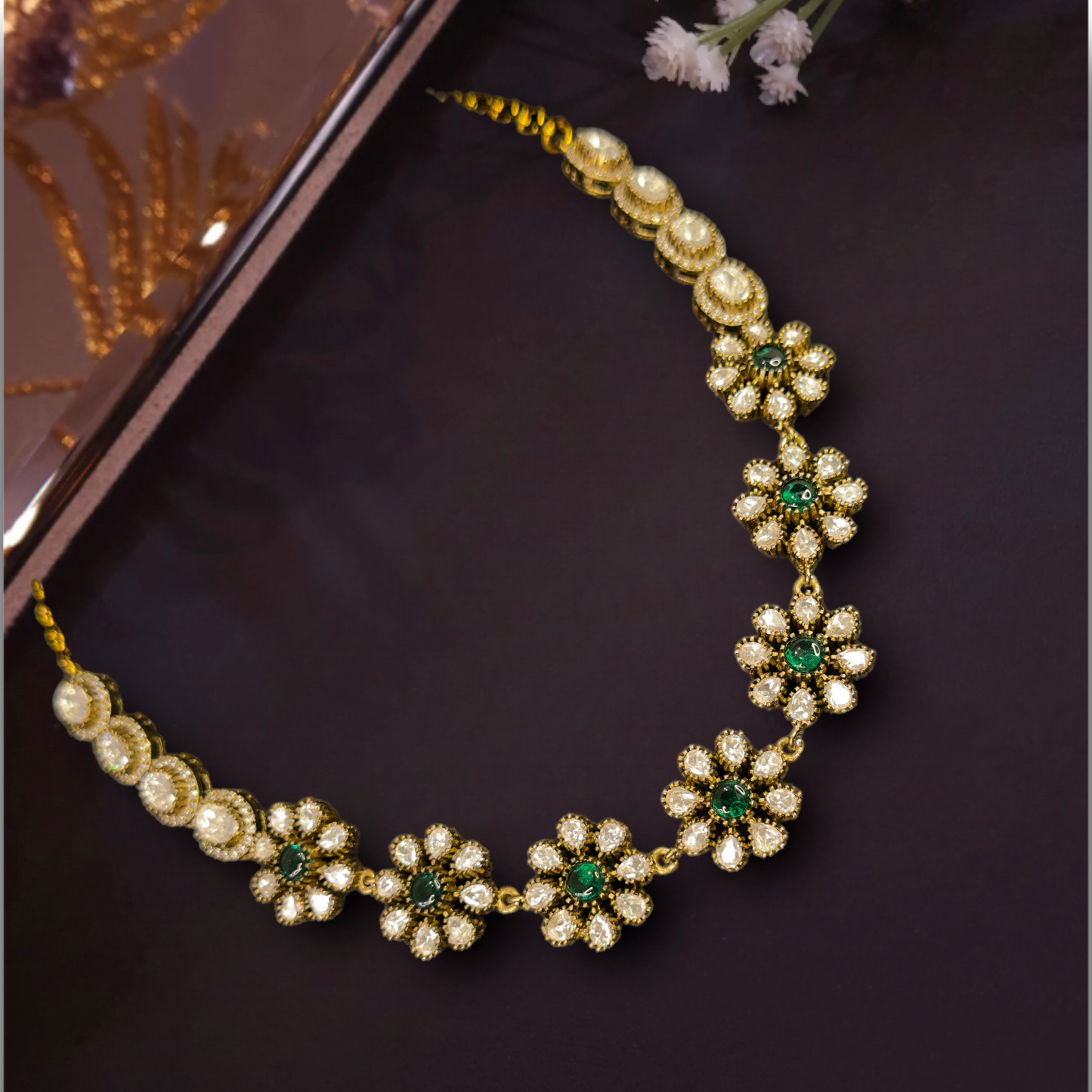 Floral Victorian Necklace Set with zircon,and moissanite polki stones ,including matching earrings. This Victorian Jewellery is available in a Green colour variant. 
