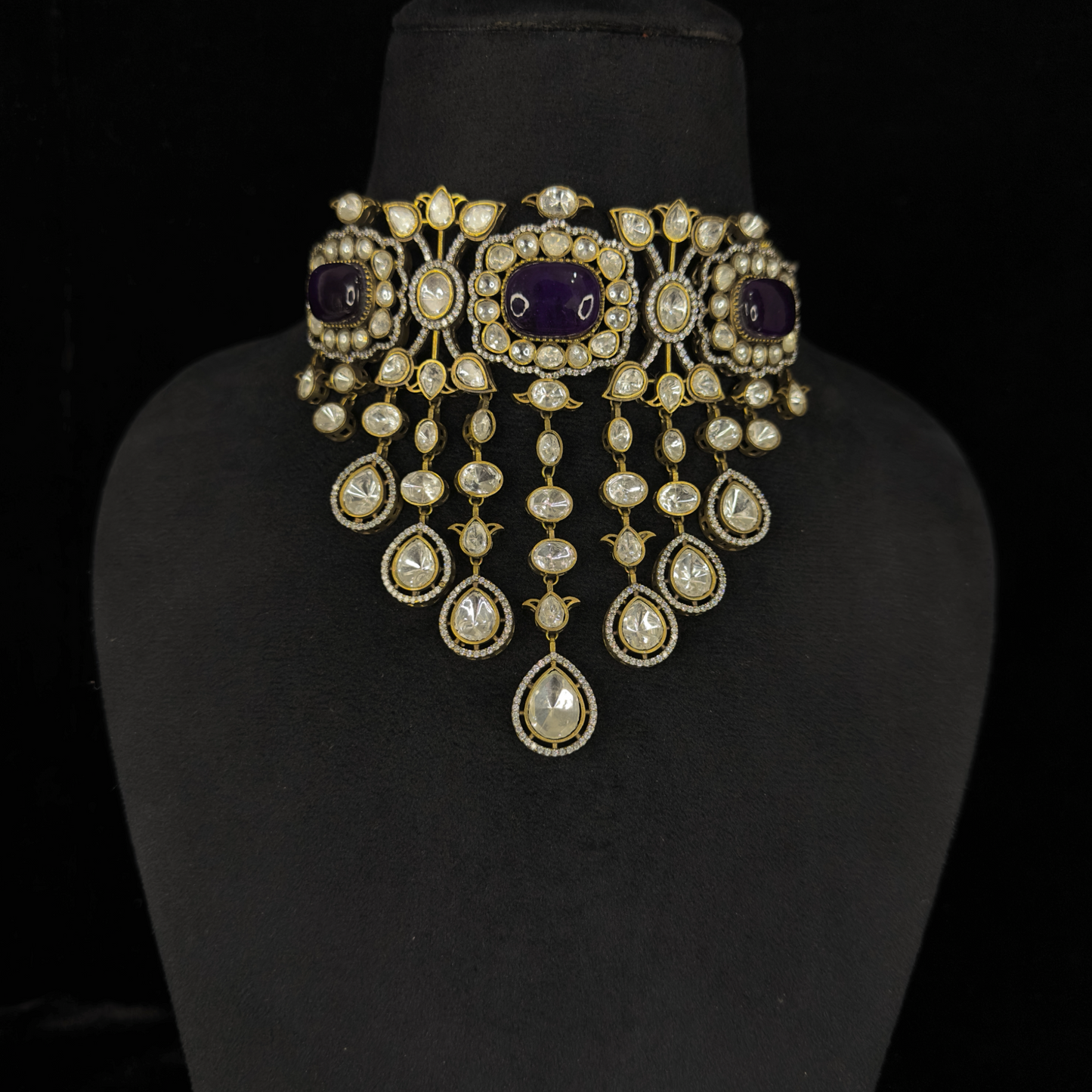 Heavy Bridal Victorian Designer Choker Set with Zircon & Polki stones. This Victorian Jewellery is available in a Purple colour variant. 