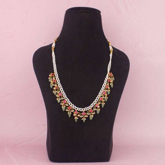 Graceful Jadau Kundan Beads Mala With Green Beads Hanging